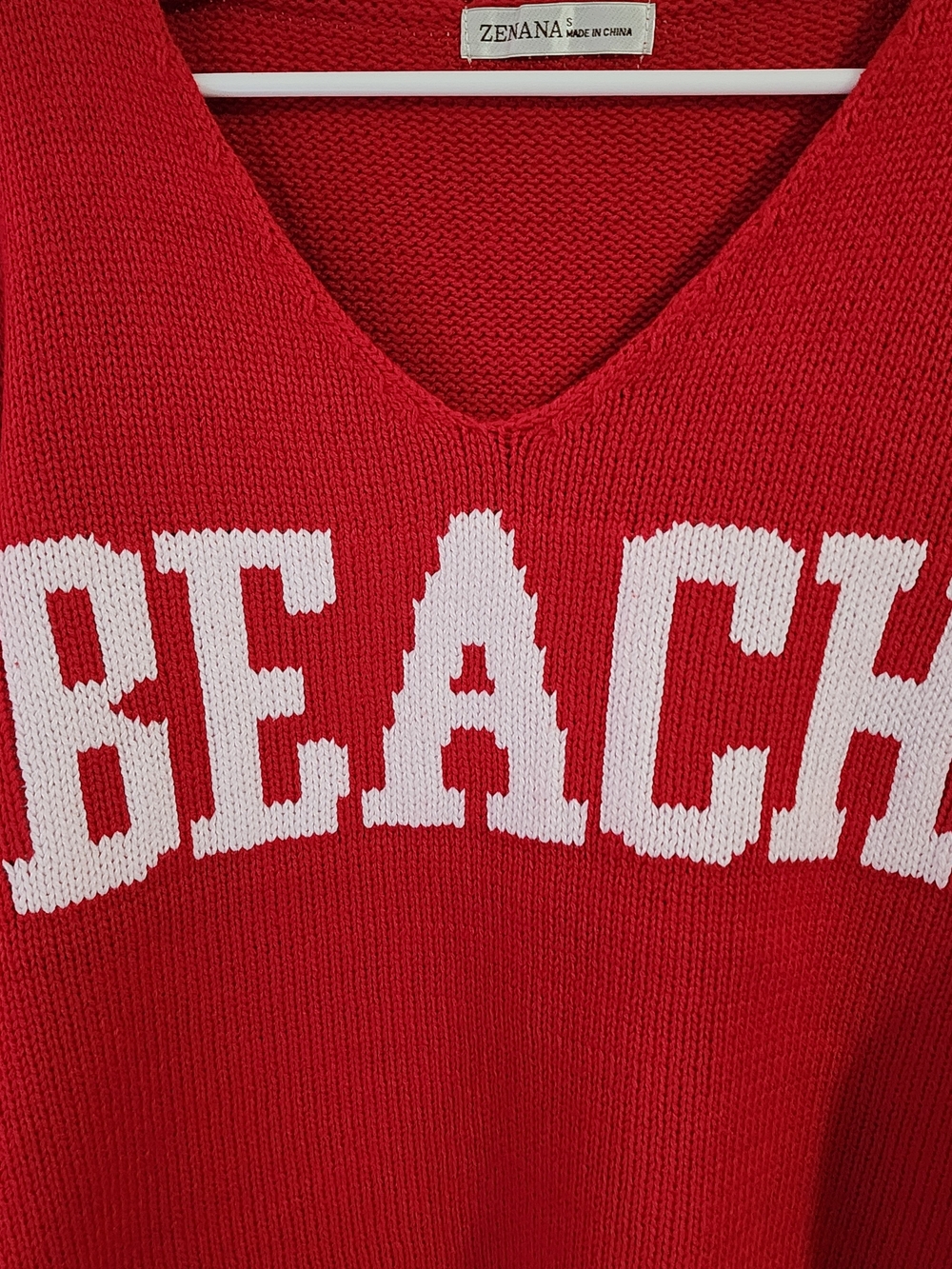 NEW Zenana Outfitters Red V-Neck 'BEACH' Sweater. - Picture 3 of 15